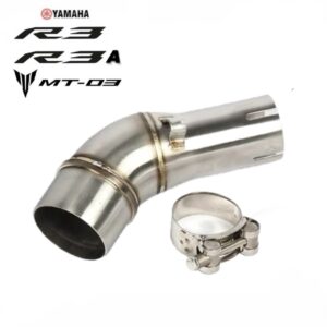 CODO DE ACOPLE DE ESCAPE PARA YAMAHA R3, R3A Y MT-03 Codo conector de acero inoxidable para acoplar escapes deportivos de entrada de 51 mm (escapes universales). Compatible con: Yamaha R3 Yamaha R3A Yamaha MT-03 Incluye abrazadera. Este codo de acople de escape proporciona una solución eficiente y duradera para mejorar el rendimiento de tu motocicleta, asegurando una instalación segura y ajustada para una experiencia de conducción óptima.