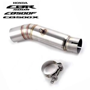 CODO DE ACOPLE DE ESCAPE PARA HONDA CBR500R, CB500F y CB500X🔥 Codo conector de acero inoxidable para acoplar escapes deportivos de entrada de 51 mm (escapes universales). Compatible con: Honda CBR500R Honda CB500F Honda CB500X Incluye abrazadera. Este codo de acople de escape proporciona una solución eficiente y duradera para mejorar el rendimiento de tu motocicleta, asegurando una instalación segura y ajustada para una experiencia de conducción óptima.