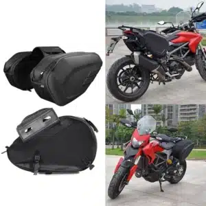 ALFORJAS LATERALES SEMIRRÍGIDAS TAICHI TIPO CARBÓN Las alforjas laterales TAICHI son la solución ideal para transportar tus pertenencias sin sacrificar estilo ni comodidad. Con diseño semirrígido tipo carbono, ofrecen un equilibrio perfecto entre estructura firme y flexibilidad, adaptándose tanto a viajes largos como al uso diario. Características: • Estructura semirrígida con acabado tipo carbono • Capacidad de 18 a 29 litros por alforja gracias a su sistema expandible • Medidas: 45 cm de largo x 30 cm de alto x 18 cm de ancho (expandible a 28 cm) • Amplio espacio para herramientas, documentos o casco • Cierres de alta calidad para mayor seguridad • Incluyen múltiples correas ajustables para una instalación firme y adaptable • Color disponible: negro • Funda impermeable incluida para proteger contra la lluvia y la suciedad Estas alforjas combinan funcionalidad y diseño, ideales para quienes buscan practicidad y estilo en cada ruta.