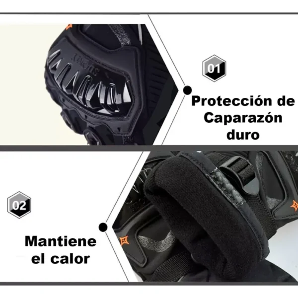 GUANTES LARGOS IMPERMEABLES🔥 Estos guantes para motocicleta están diseñados para ofrecer protección y comodidad en climas fríos o húmedos. Su resistencia al agua y al viento mantiene tus manos cálidas y secas, mientras que su construcción robusta asegura la protección en caso de caídas. Detalles: Resistencia al Agua y Viento: Protege tus manos en condiciones adversas, manteniéndolas secas y cómodas. Protección en Nudillos y Manos: Equipados con parches antideslizantes y acolchado adicional para una mayor seguridad. Función de Pantalla Táctil: Compatible con dispositivos de pantalla táctil en el dedo índice, permitiendo el uso del teléfono sin quitarse los guantes. Versatilidad: Adecuados para motocicletas y otros deportes al aire libre. Comodidad y Flexibilidad: Son flexibles, lavables y cuentan con correas en la muñeca para colgarlos fácilmente. Estos Guantes Largos Impermeables son la elección perfecta para cualquier motociclista que necesite un par de guantes confiables, cómodos y protectores en condiciones climáticas desafiantes