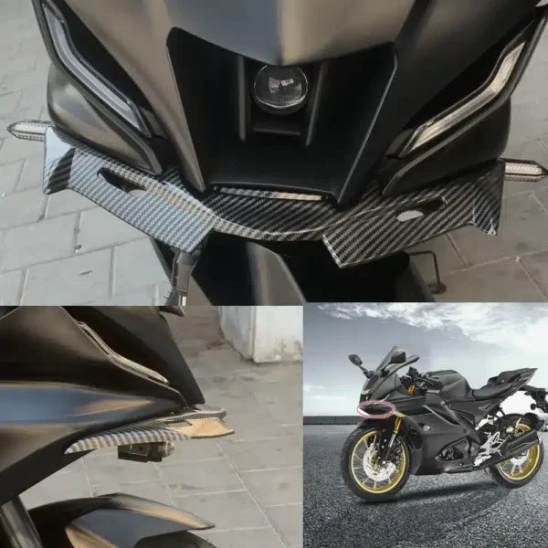 ALERÓN FRONTAL O WINGLET PARA YAMAHA R15 V4🔥 Descripción: Transforma la apariencia de tu Yamaha R15 V4 con este alerón frontal o winglet. Diseñado para añadir un toque deportivo y agresivo, es ideal para quienes buscan destacar en la carretera. Compatibles con: Yamaha R15 V4 Honda CBR300 ¡Y más! (Se pueden adaptar a otros modelos) Este alerón frontal es el complemento perfecto para realzar el estilo de tu motocicleta.