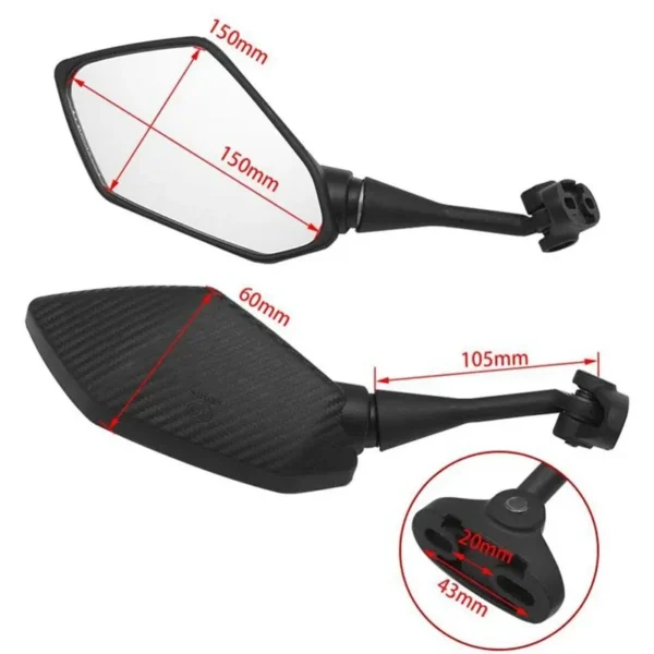 Espejos Cortos para Carenado  Mejora la estética y seguridad de tu moto con estos espejos cortos para carenado, diseñados para un estilo deportivo. Detalles: Material Duradero: Hechos de plástico ABS de alta resistencia, garantizando durabilidad y resistencia al uso diario. Cristales Convexos: Proporcionan una mayor claridad y un campo de visión más amplio, aumentando la seguridad al conducir. Ajustables a 360 Grados: Ofrecen flexibilidad para ajustar el ángulo de visión según tus necesidades. Fácil Instalación: Incluyen bases, gomas de bases y tornillos, listos para instalar en tu moto sin complicaciones. Estos espejos combinan estilo y funcionalidad, siendo una excelente opción para personalizar y mejorar tu experiencia de conducción.